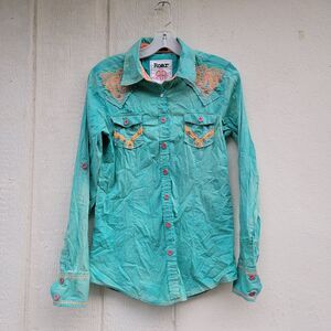 Roar Embroidered Rhinestone Button Up Shirt Wmns Sz Small Western Rodeo Artsy